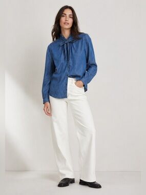 Gap Raw Hem Ruffle Neck Denim Shirt Size XS Collegiate Preppy Classic